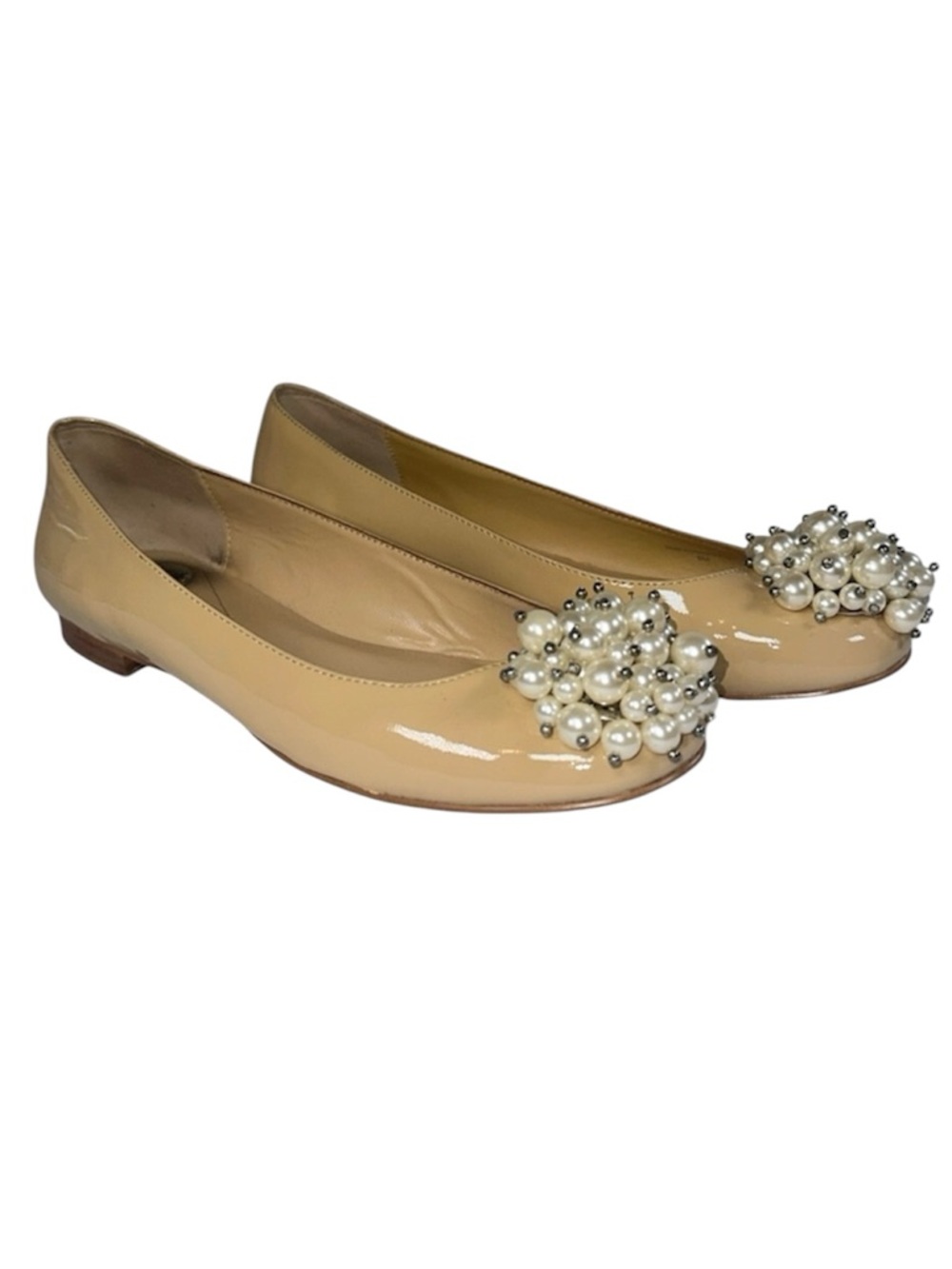 Kate Spade Vilette Nude Patent Leather Ballet Flat Pearl Embellished Toe Size 8